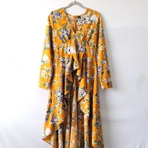 Shein Womens Yellow Clasi Floral Print Self Belted Ruffle Dip Hem Blouse Size L